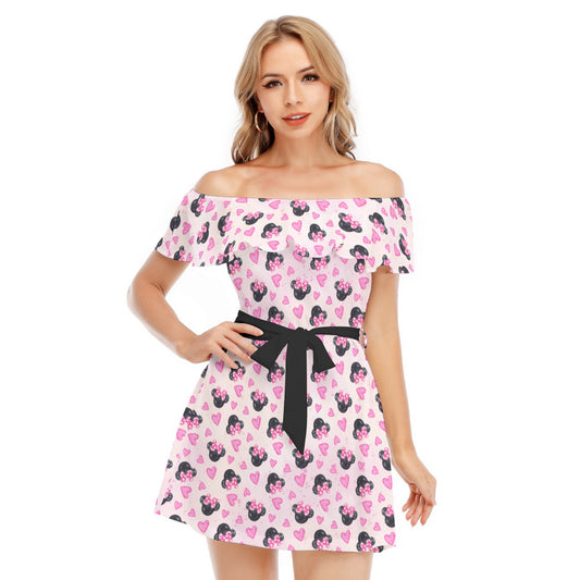 Watercolor Pink Bow Mouse Ears - Women's Off-shoulder Ruffle Dress