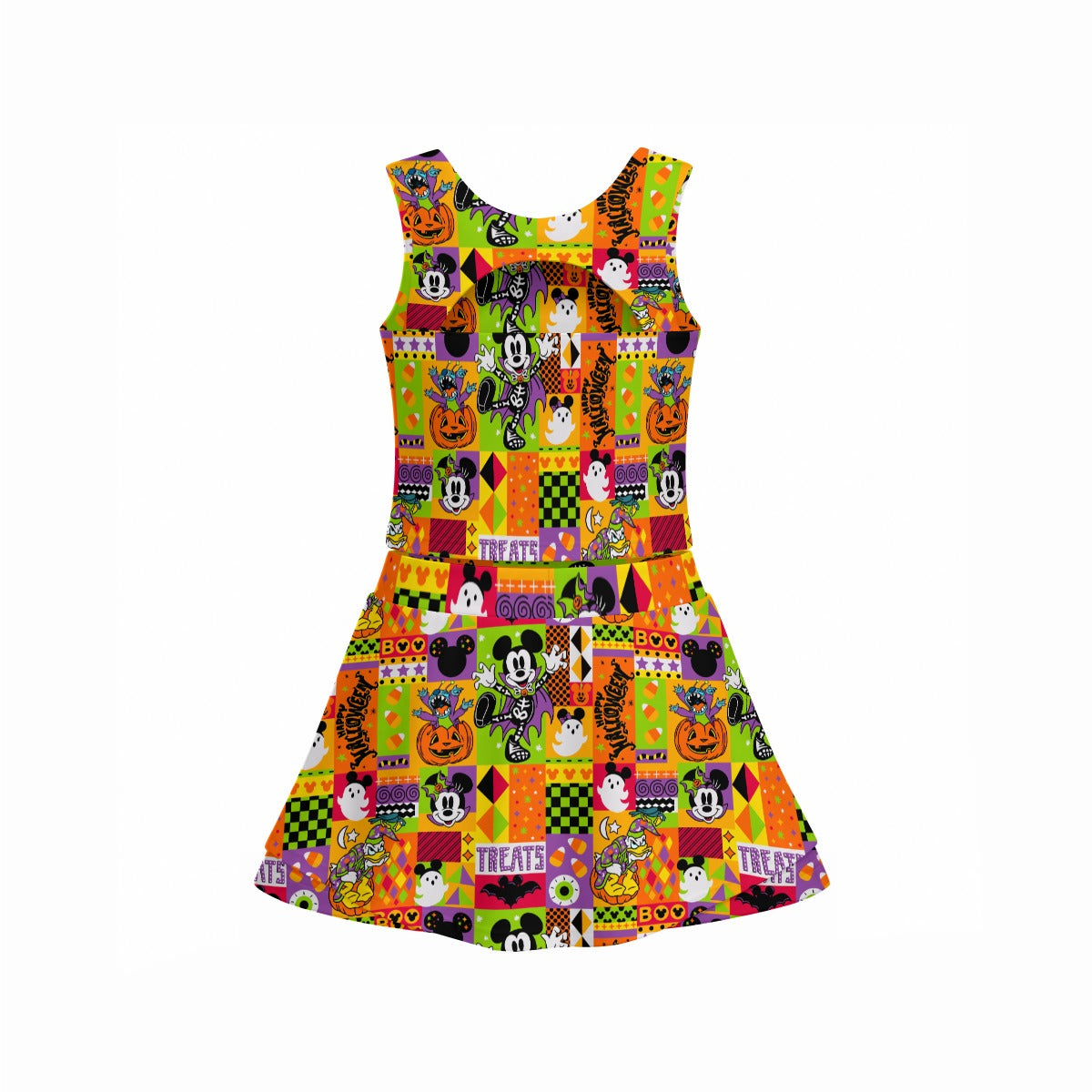 Spooky Patchwork Treats - Women’s Athletic Skort Set with Open-Back Crop Top