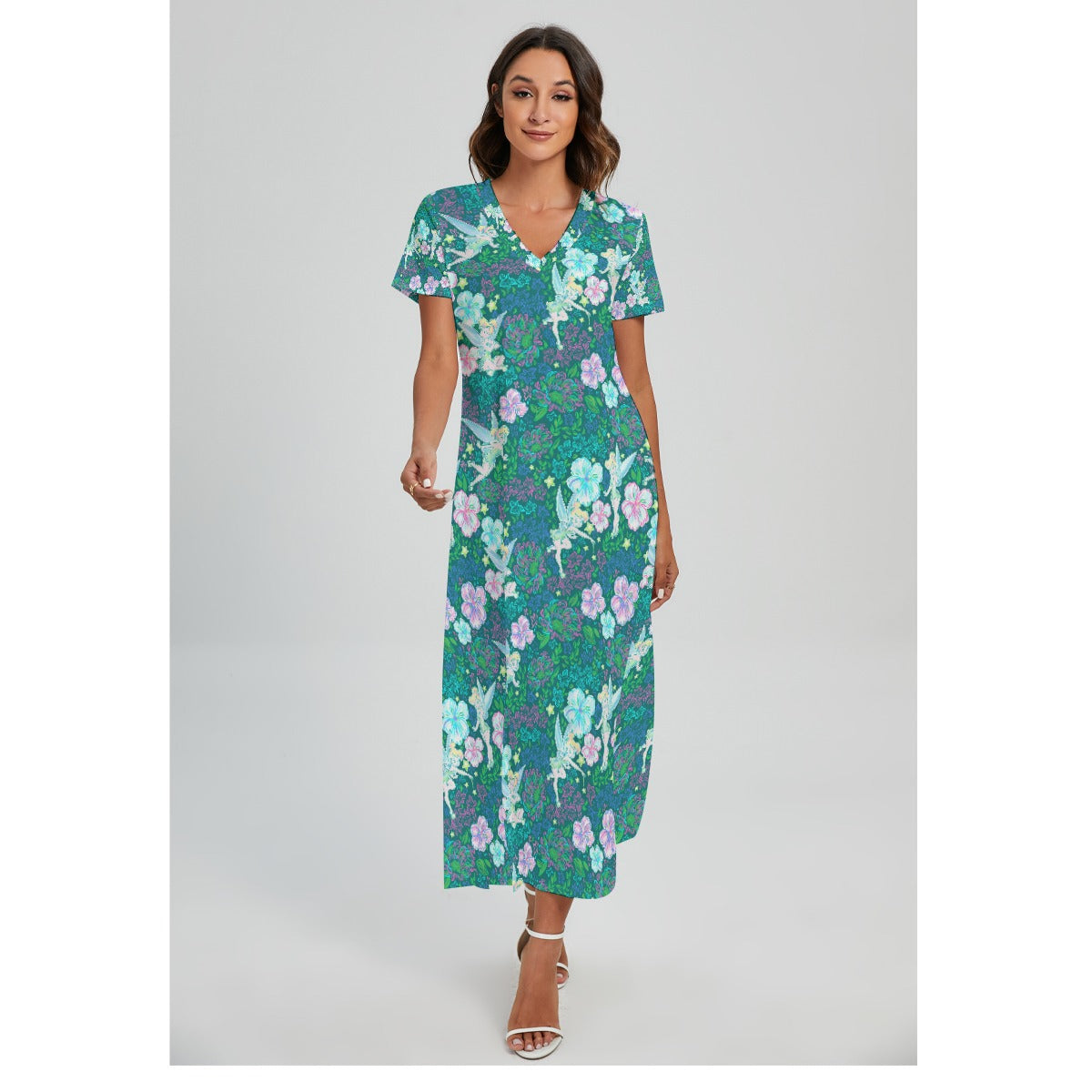 Pixie in Neon Blooms - Women's V-Neck Side Split Maxi Dress