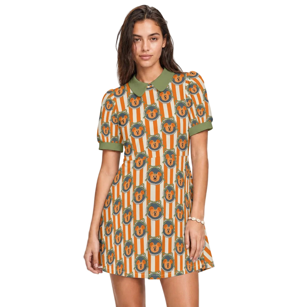 Pumpkin Cameo Stripes - Women’s Vintage Collar A-Line Dress with Pockets