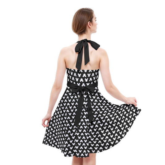 Playful Polka Dot Ears Black - Women's Halter Vintage Pocket Dress