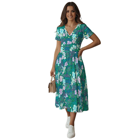Pixie in Neon Blooms - Women's V-Neck Ruched Midi Dress