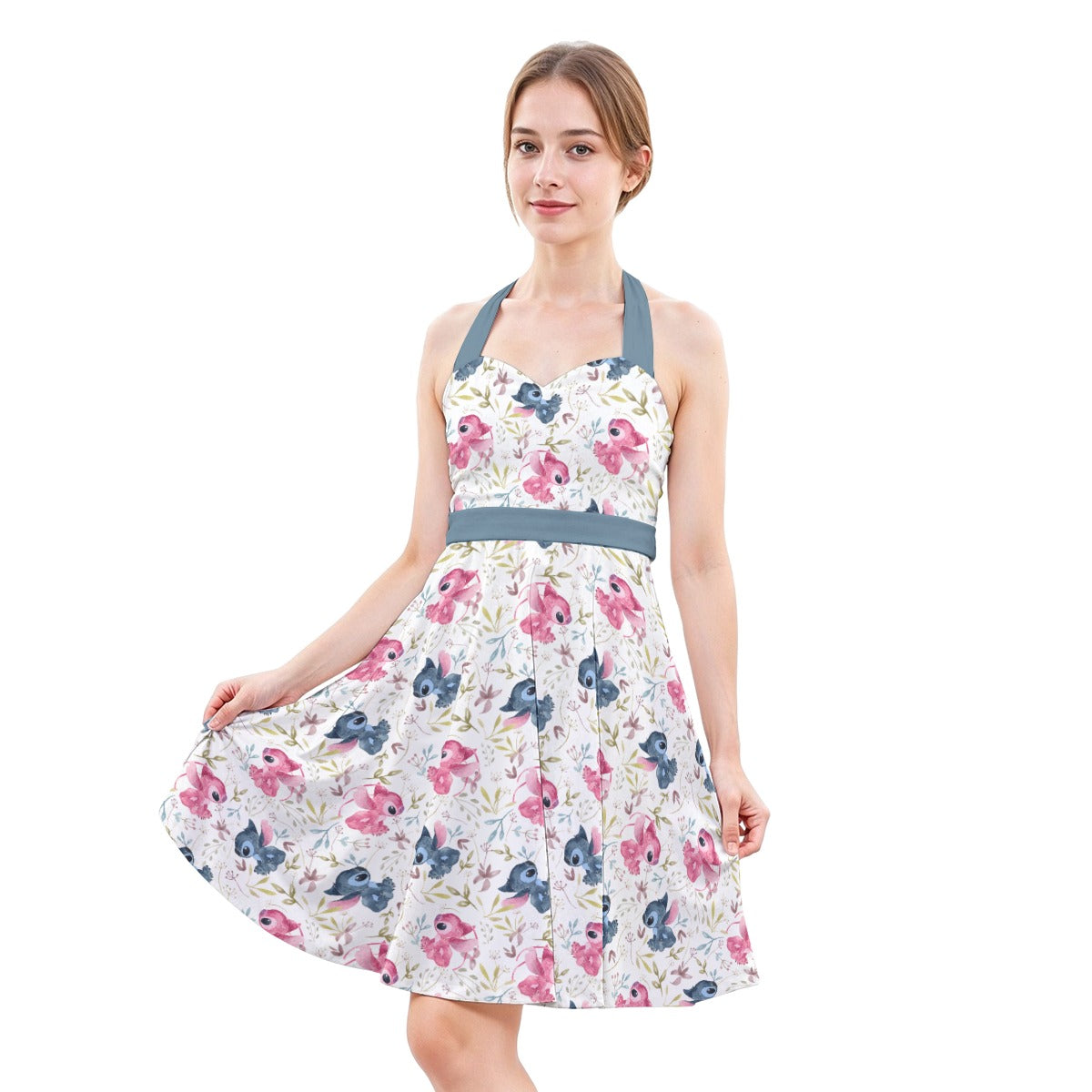 Blue Alien & Pink Friend Love - Women's Halter Vintage Pocket Dress
