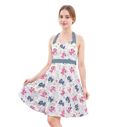 Blue Alien & Pink Friend Love - Women's Halter Vintage Pocket Dress