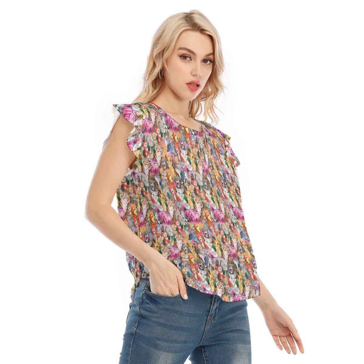 Whimsical Storybook Cats - Women’s Flutter Sleeve Top