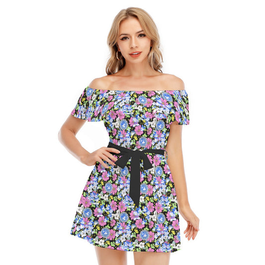 Garden Whimsy - Vintage Mouse Romance - Women's Off-shoulder Ruffle Dress