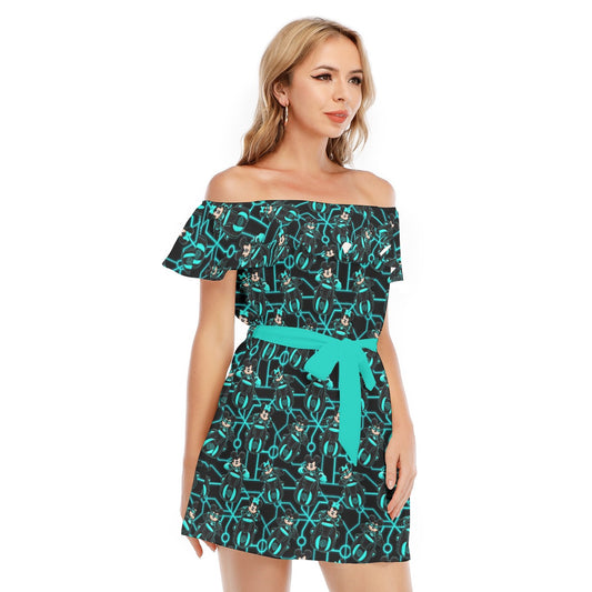 Electric Neon Grid Adventure - Women's Off-shoulder Ruffle Dress