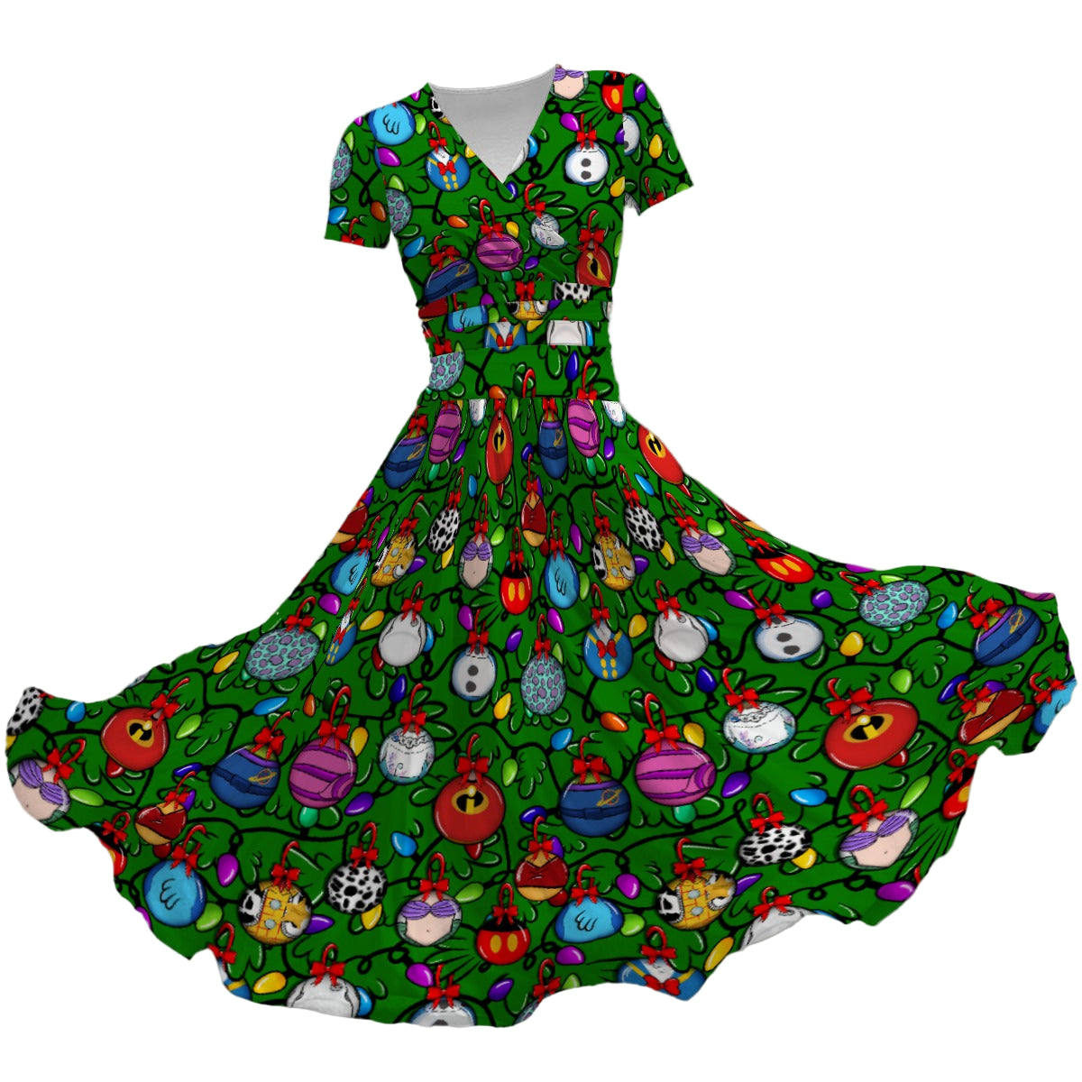 Festive Character Baubles on Green - Women's V-Neck Ruched Midi Dress