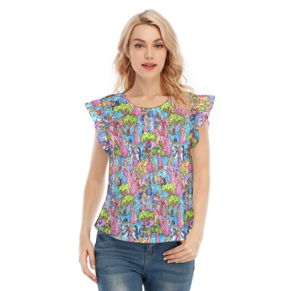 Dreaming Princess Storybook Scenes - Women’s Flutter Sleeve Top
