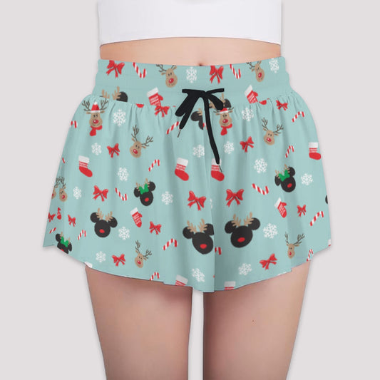 Festive Reindeer Mouse Holidayeers - Girls’ Flowy Pocket Shorts