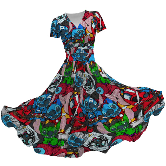 Superhero Stitch - Heroes Assembled - Women's V-Neck Ruched Midi Dress