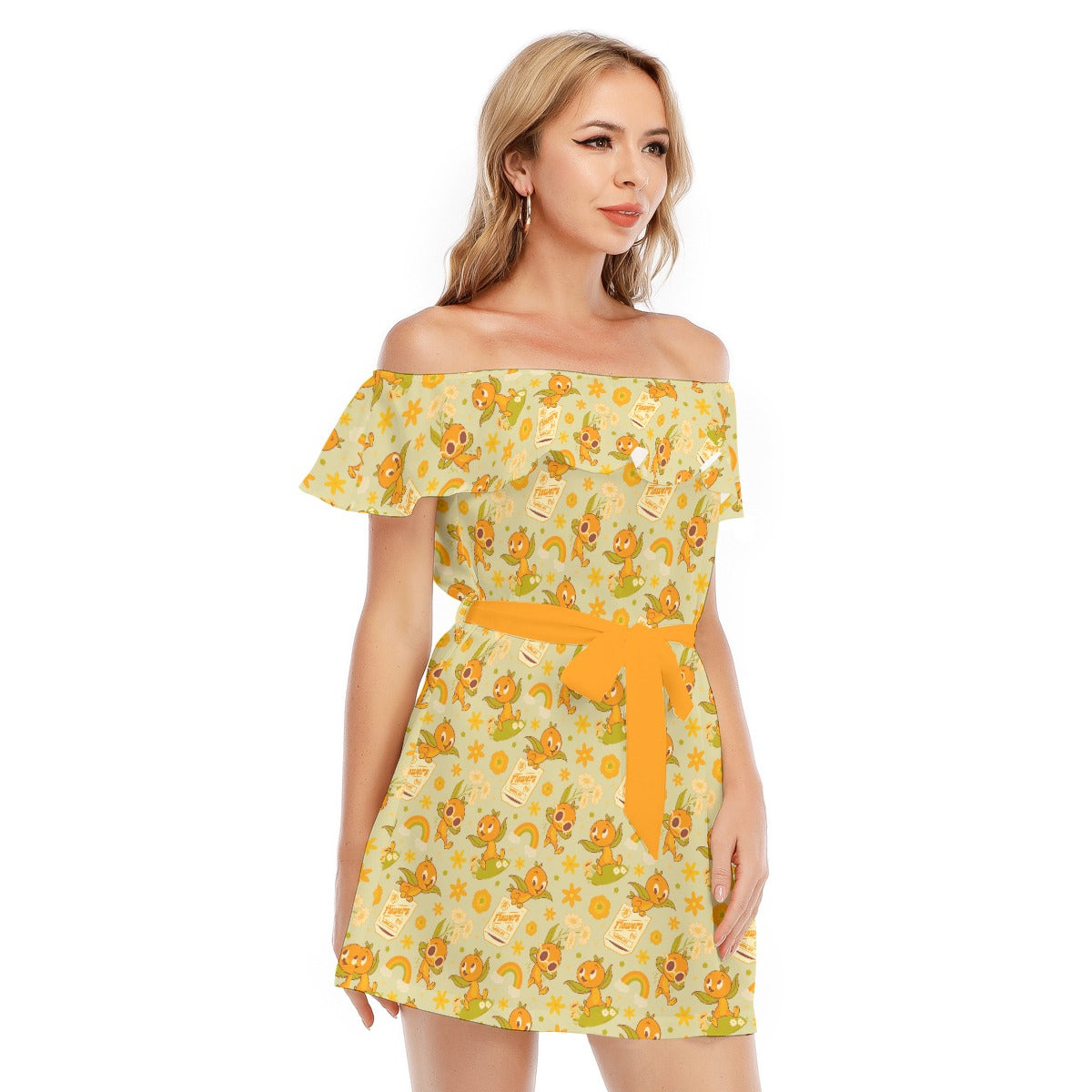 Vintage Citrus Garden - Women's Off-shoulder Ruffle Dress