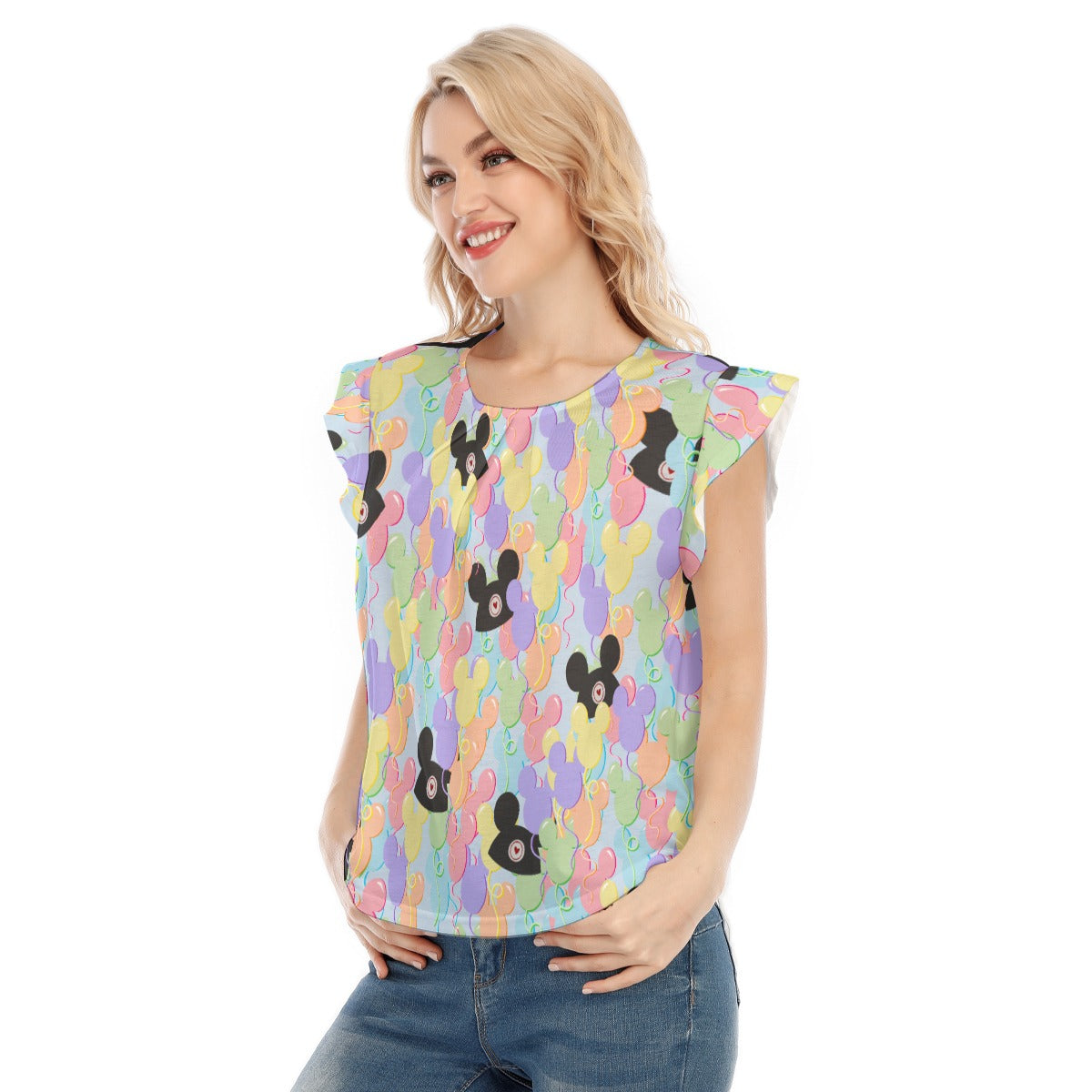 Pastel Mouse Ear Balloons - Women’s Flutter Sleeve Top