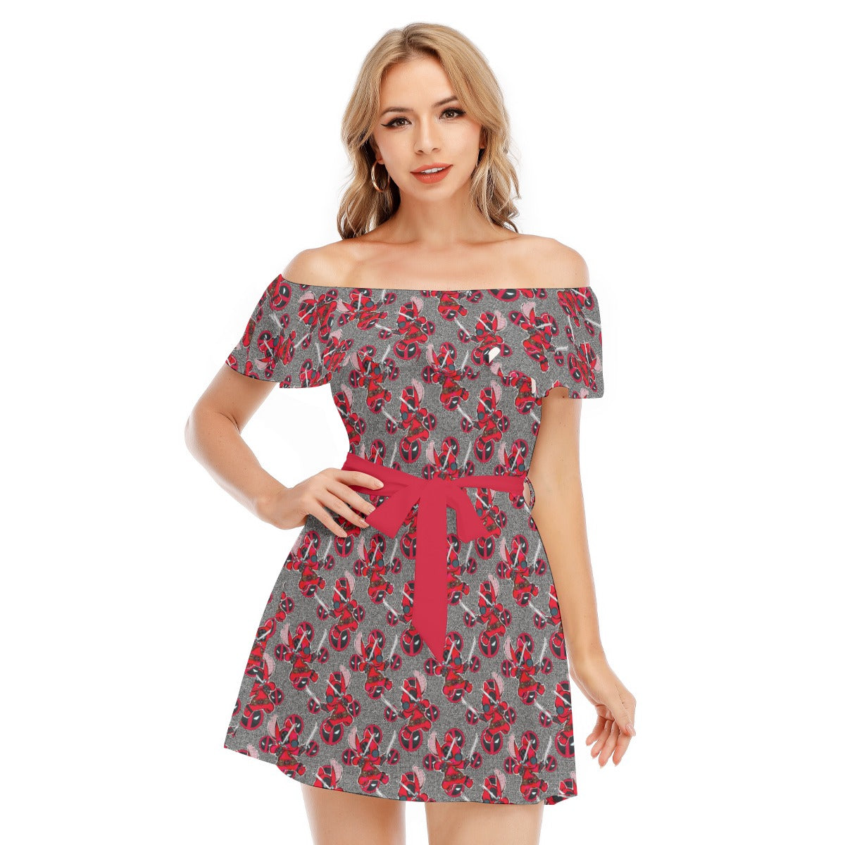 Superhero Stitch - Red Masked Hero - Women's Off-shoulder Ruffle Dress