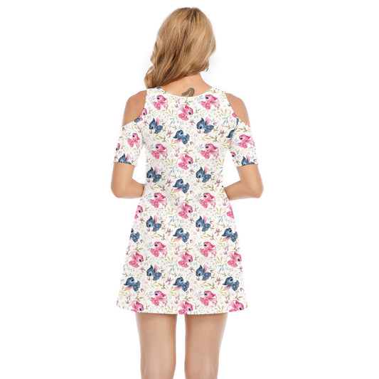 Blue Alien & Pink Friend Love - Women's Cold Shoulder Cotton Dress