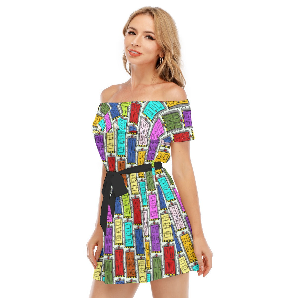 Sketchy Scare Doors - Women's Off-shoulder Ruffle Dress