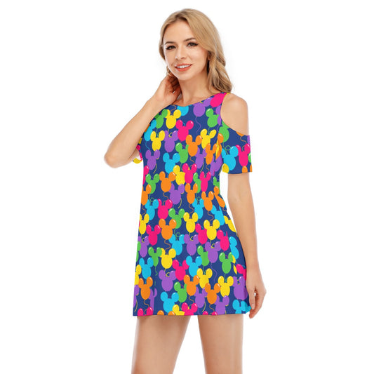 Bright Mouse Ear Balloons - Women's Cold Shoulder Cotton Dress