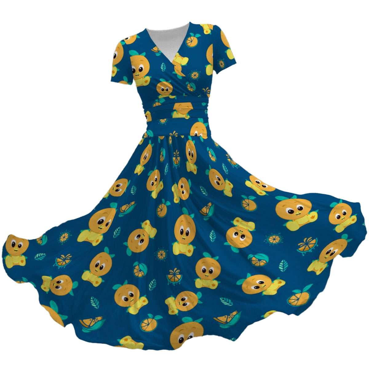 Cheerful Citrus Bird - Women's V-Neck Ruched Midi Dress