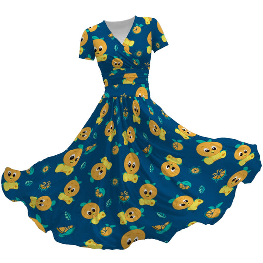 Cheerful Citrus Bird - Women's V-Neck Ruched Midi Dress