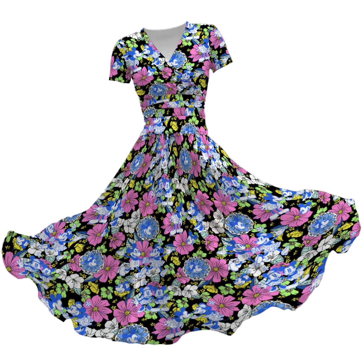 Garden Whimsy - Vintage Mouse Romance - Women's V-Neck Ruched Midi Dress