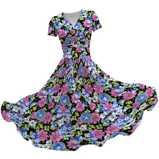 Garden Whimsy - Vintage Mouse Romance - Women's V-Neck Ruched Midi Dress