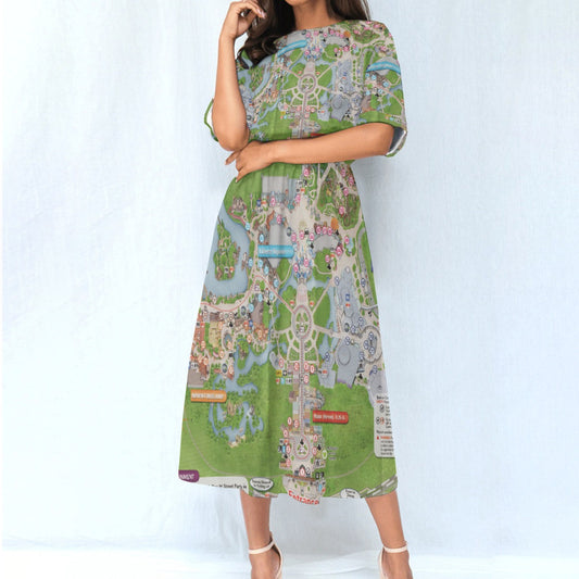 Vibrant Fantasy Park Map - Women’s Elastic Waist Pocket Midi Dress