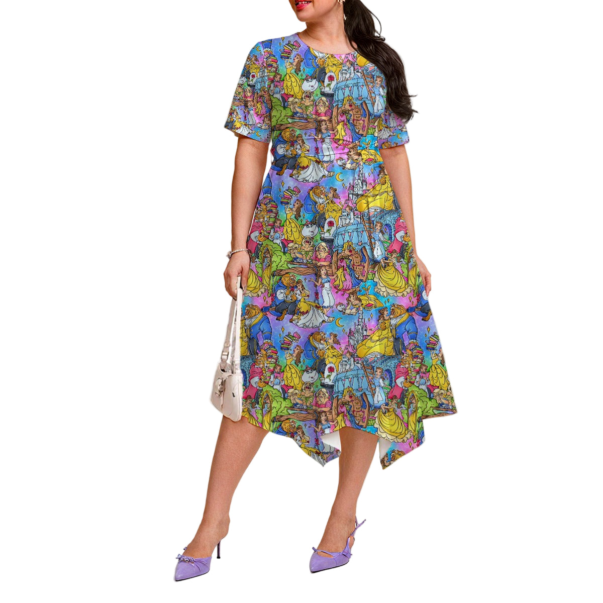 Enchanted Tale Storybook Scenes - Women's Short Sleeve Belted Midi Dress