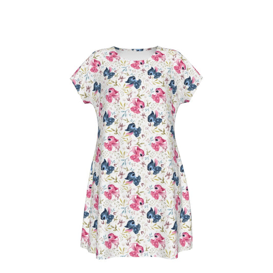 Blue Alien & Pink Friend Love - Women's T-Shirt Dress