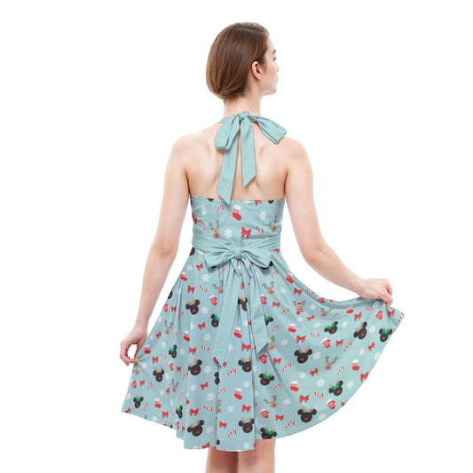 Festive Reindeer Mouse Holidayeers - Women's Halter Vintage Pocket Dress