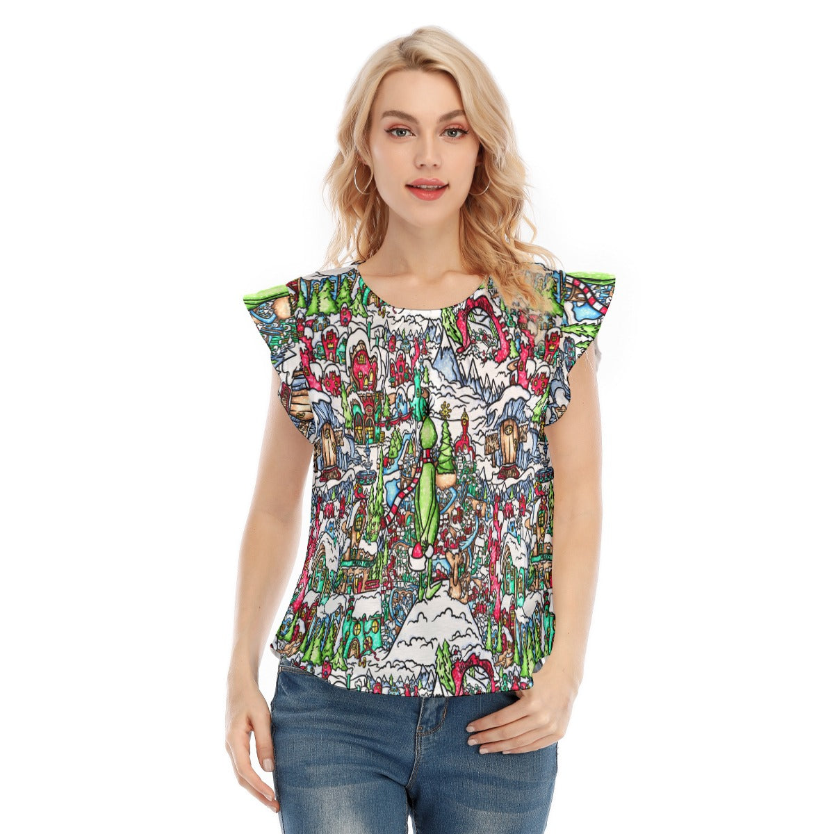 Whimsical Village Winter Wonderland - Women’s Flutter Sleeve Top