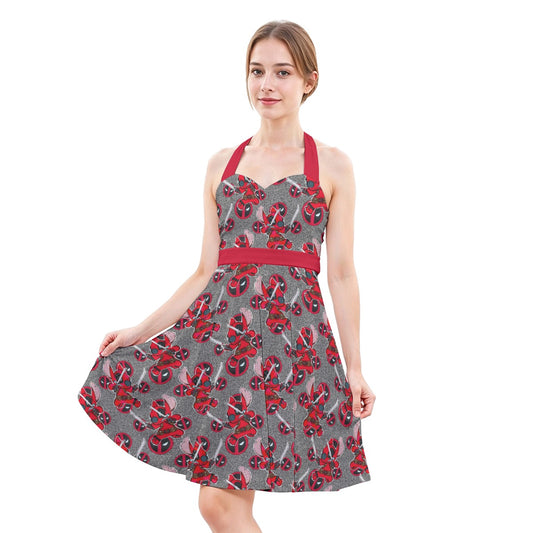 Superhero Stitch - Red Masked Hero - Women's Halter Vintage Pocket Dress