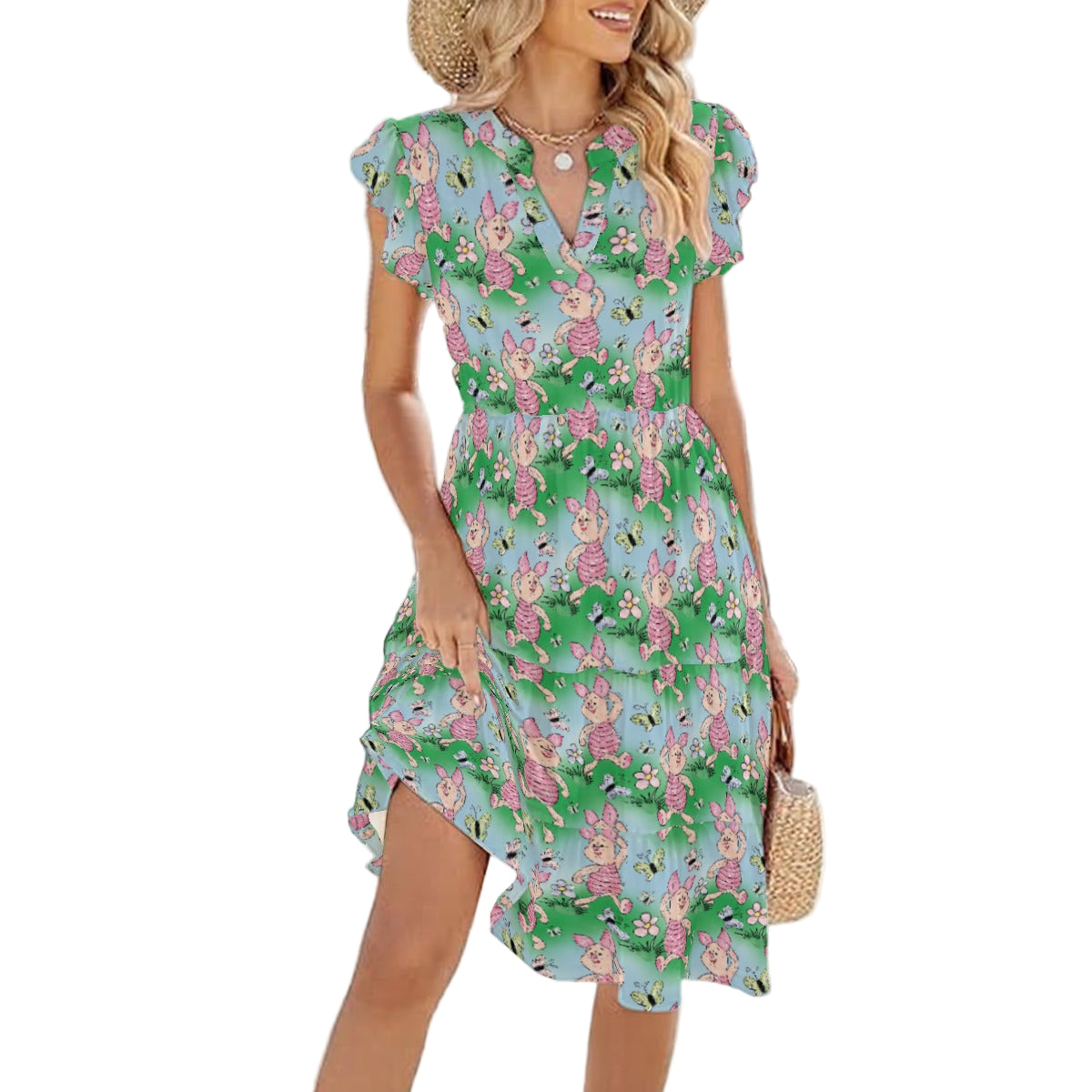 Sketched Shy Friend and Butterflies - Women's Tiered Pocket Midi Dress