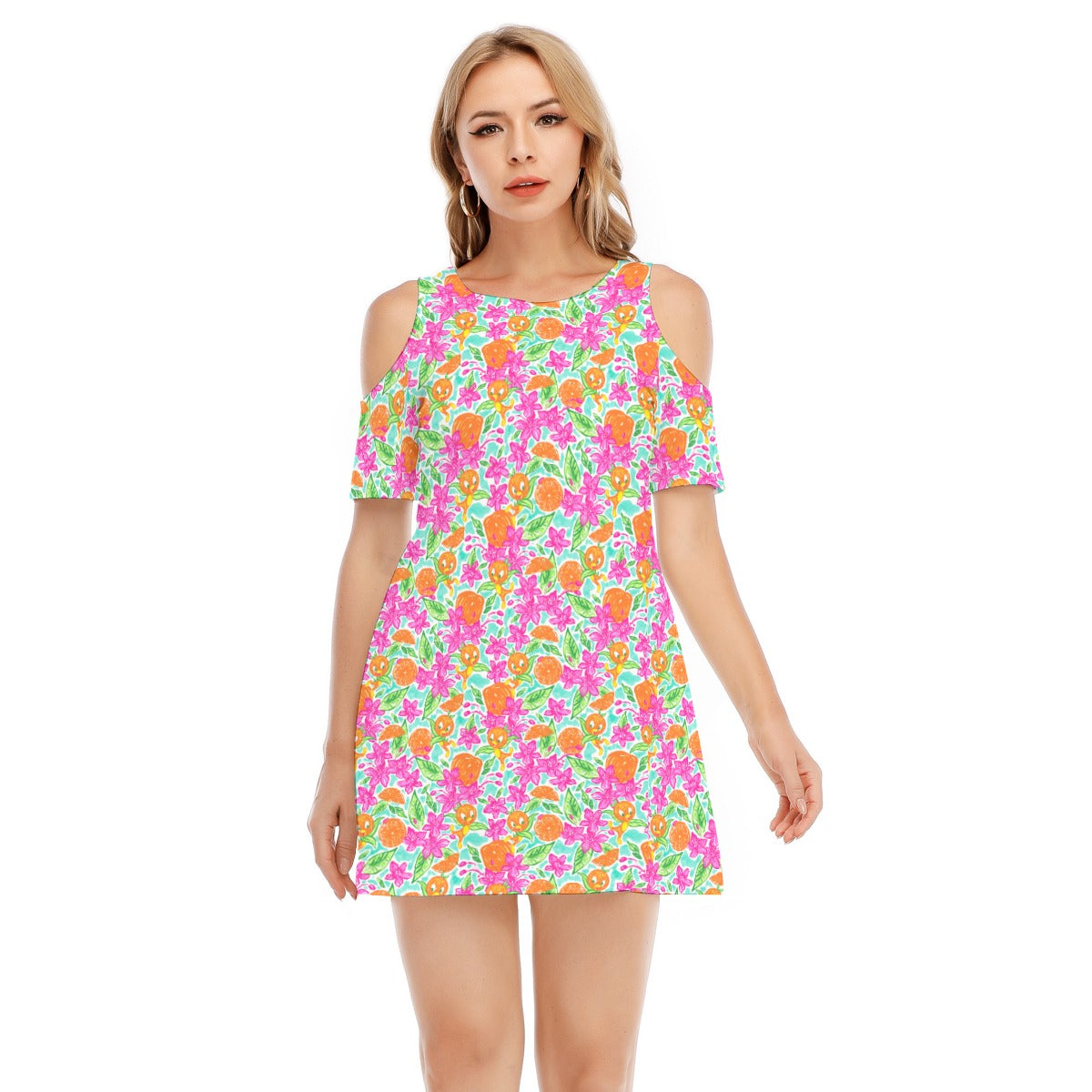 Tropical Citrus Bloom - Women's Cold Shoulder Cotton Dress
