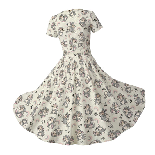 Bouncy Bunny Bliss - Women's V-Neck Ruched Midi Dress