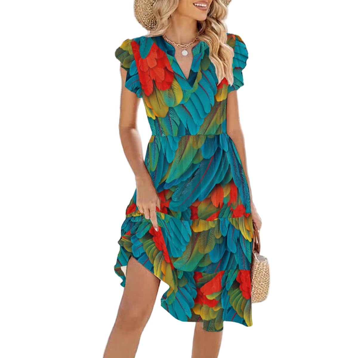 Animal Print - Macaw Parrot - Women's Tiered Pocket Midi Dress