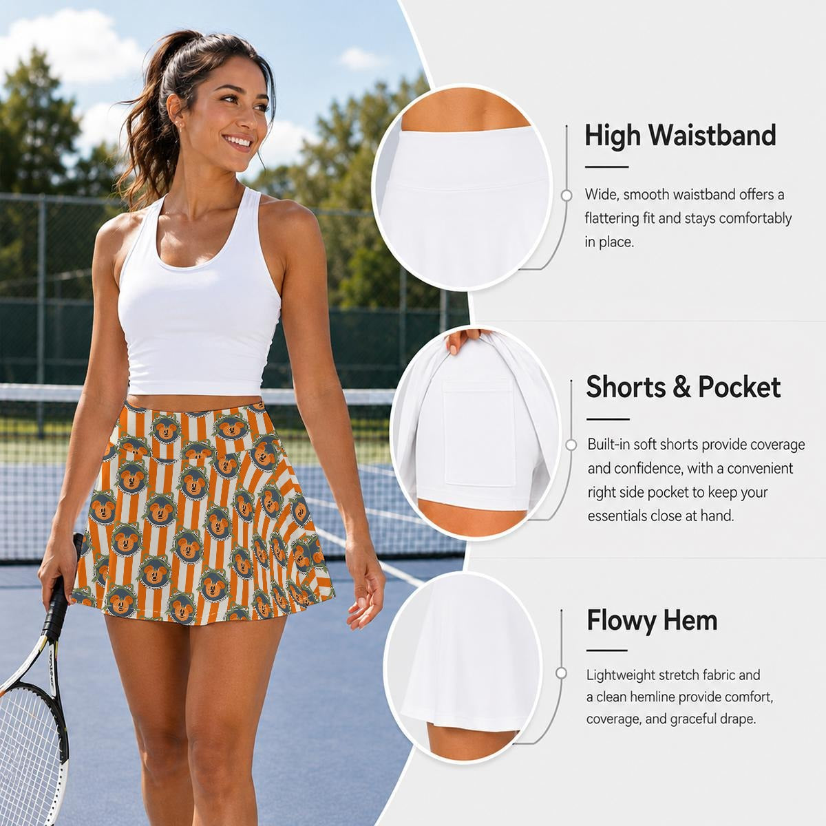 Pumpkin Cameo Stripes - Women’s Athletic Skater Skort with Pockets