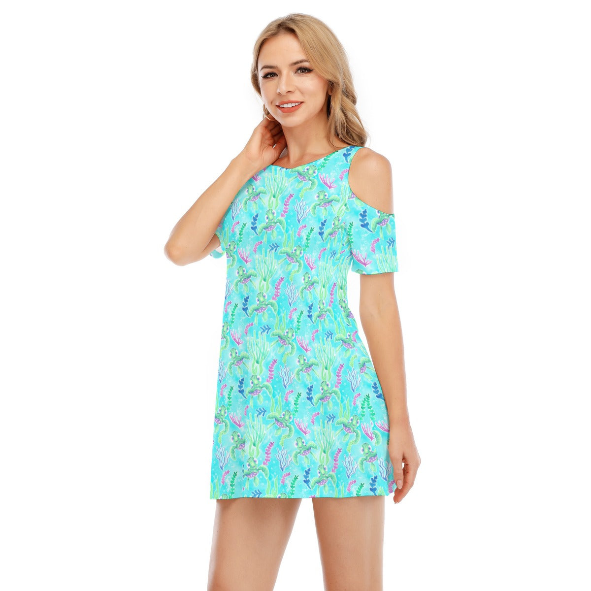 Neon Floral Baby Turtle - Women's Cold Shoulder Cotton Dress