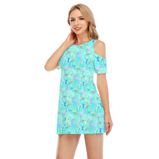 Neon Floral Baby Turtle - Women's Cold Shoulder Cotton Dress