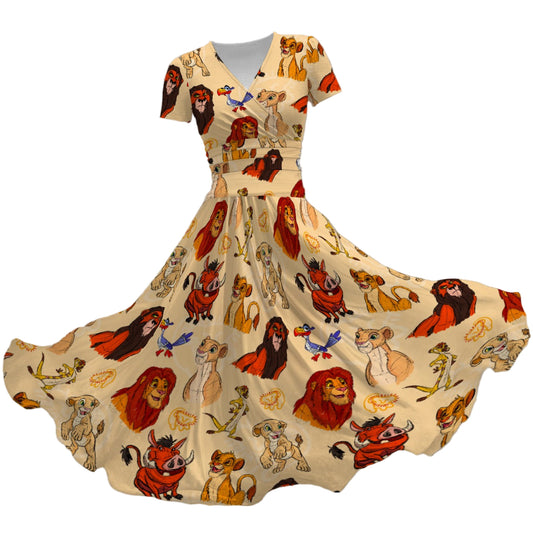 Sketched Savanna Friends - Women's V-Neck Ruched Midi Dress