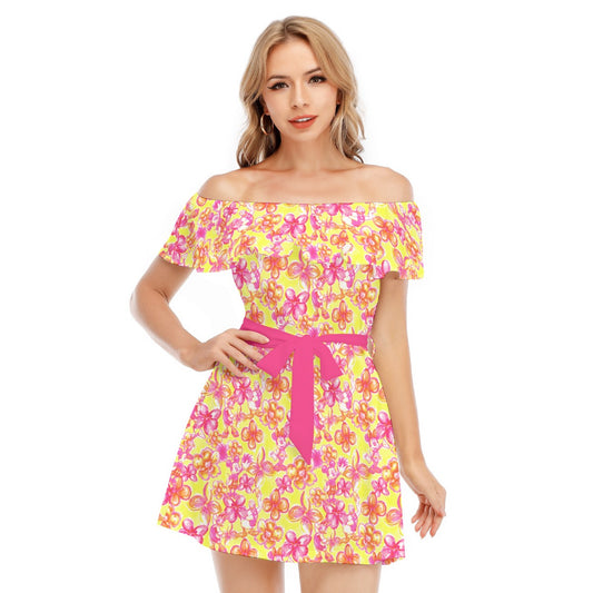 Neon Tropical Floral Friends - Women's Off-shoulder Ruffle Dress