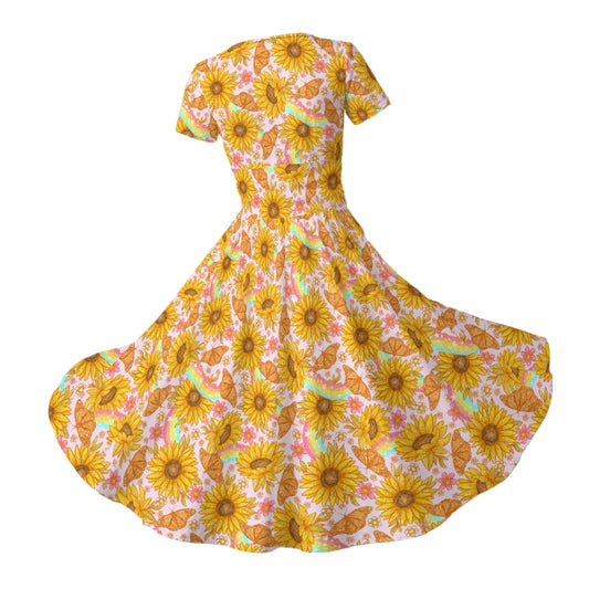 Sunflower Dreams - Women's V-Neck Ruched Midi Dress