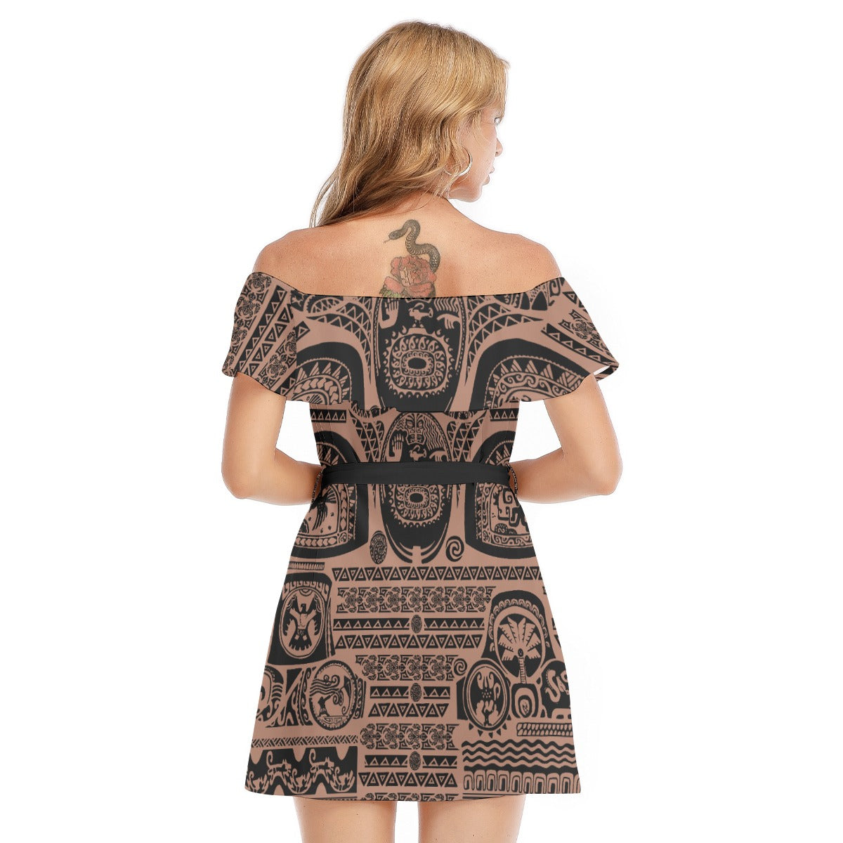 Polynesian Tattoo Motifs - Women's Off-shoulder Ruffle Dress