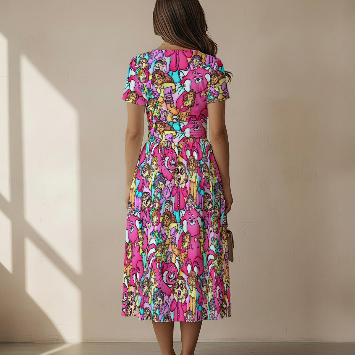 Red Panda Chaos Scenes - Women's V-Neck Ruched Midi Dress