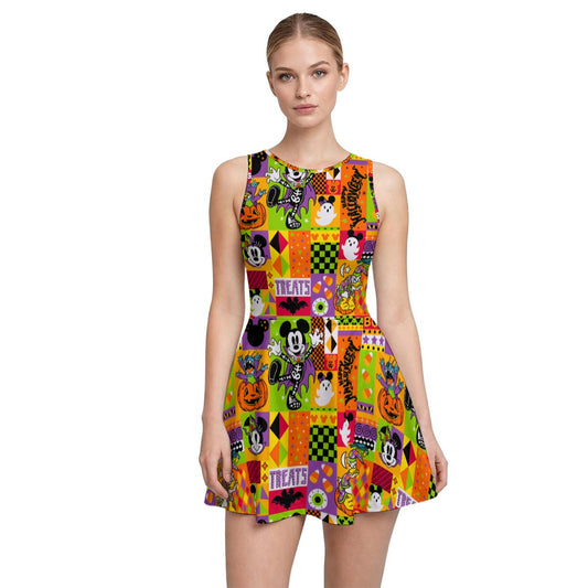Spooky Patchwork Treats - Women’s Sleeveless Athletic Skater Dress with Built-In Shorts