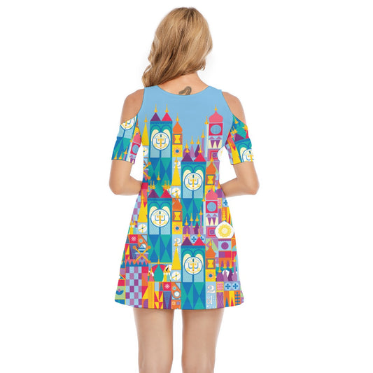 Whimsical World Facade - Women's Cold Shoulder Cotton Dress