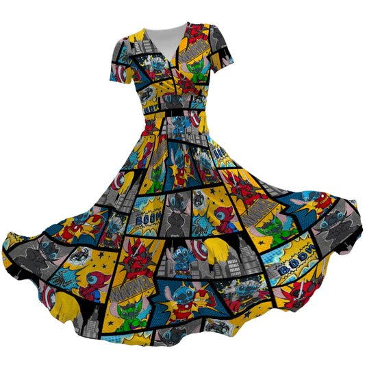Superhero Stitch - Comic Action - Women's V-Neck Ruched Midi Dress