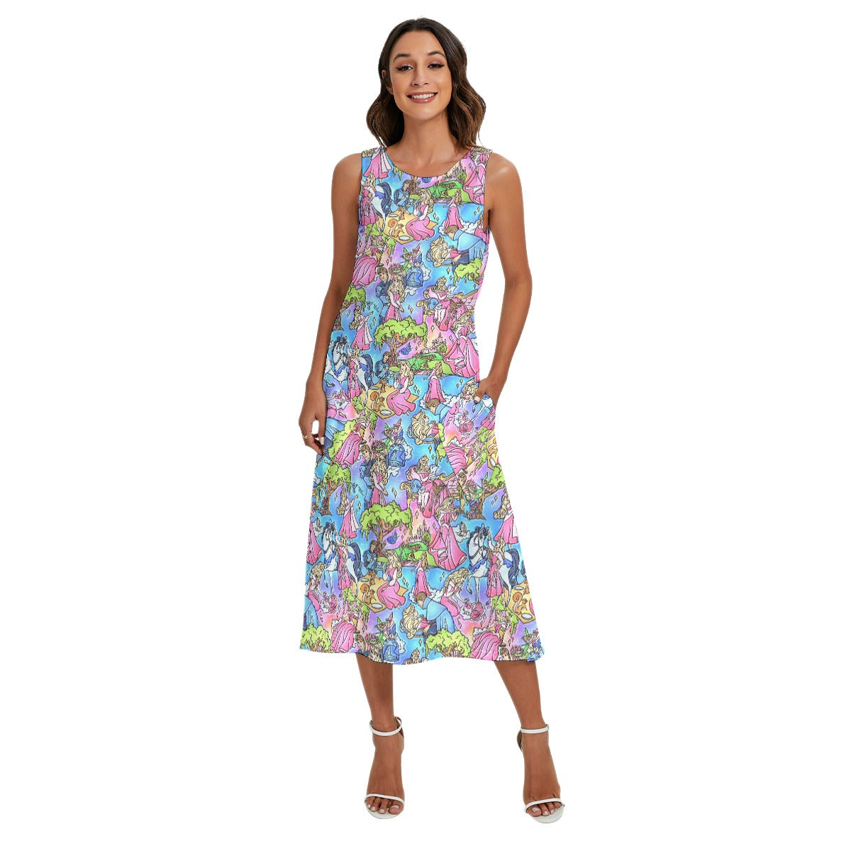 Dreaming Princess Storybook Scenes - Women’s Diagonal Pocket Midi Dress