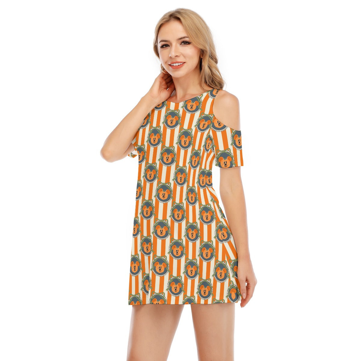 Pumpkin Cameo Stripes - Women's Cold Shoulder Cotton Dress
