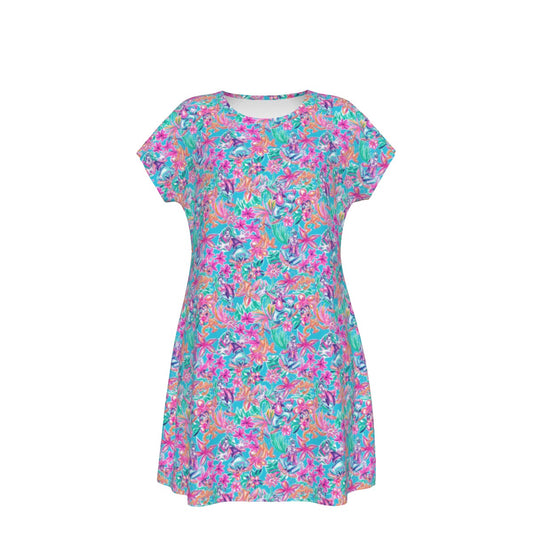 Tropical Bloom Fiesta - Playful Duo - Women's T-Shirt Dress