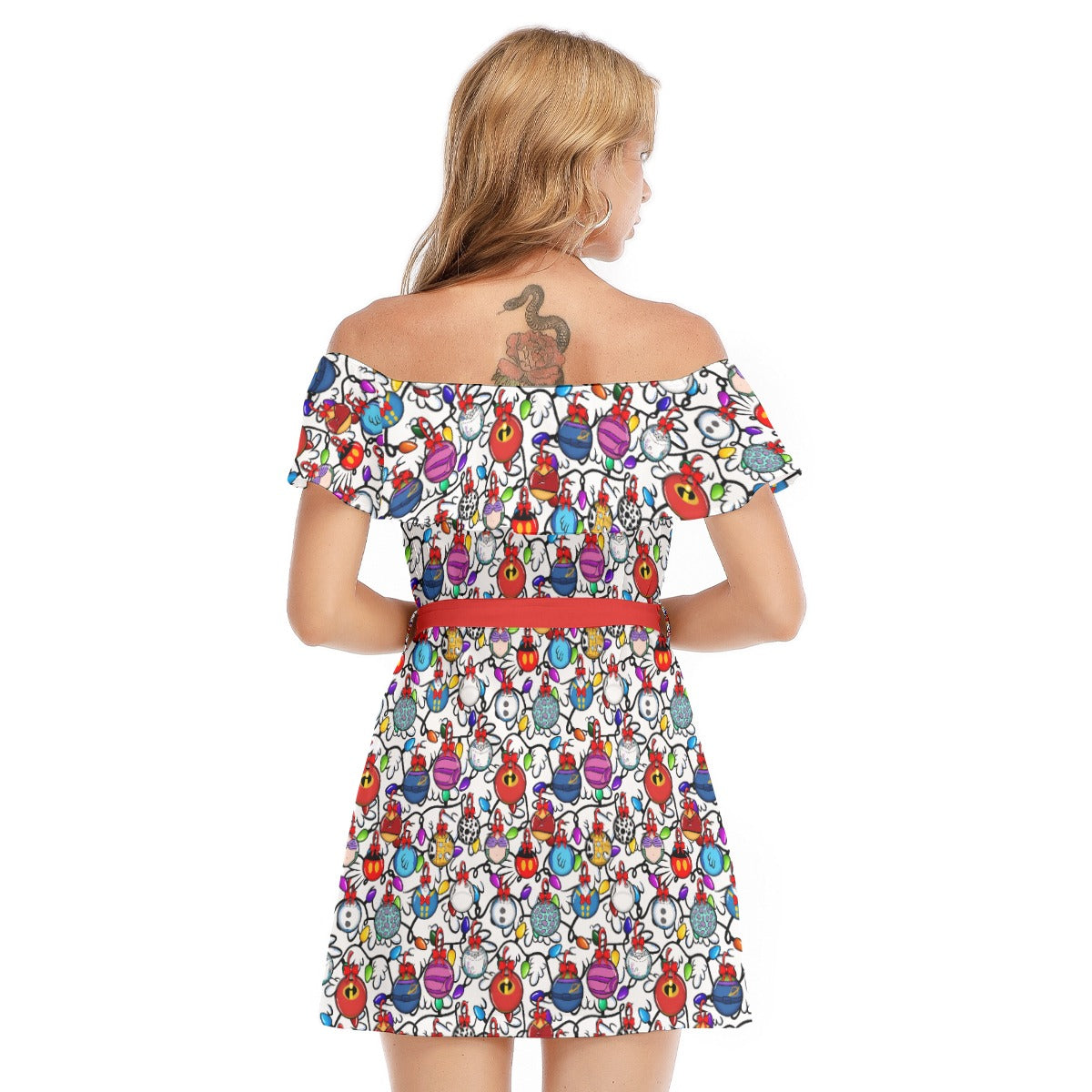Festive Character Baubles on White - Women's Off-shoulder Ruffle Dress